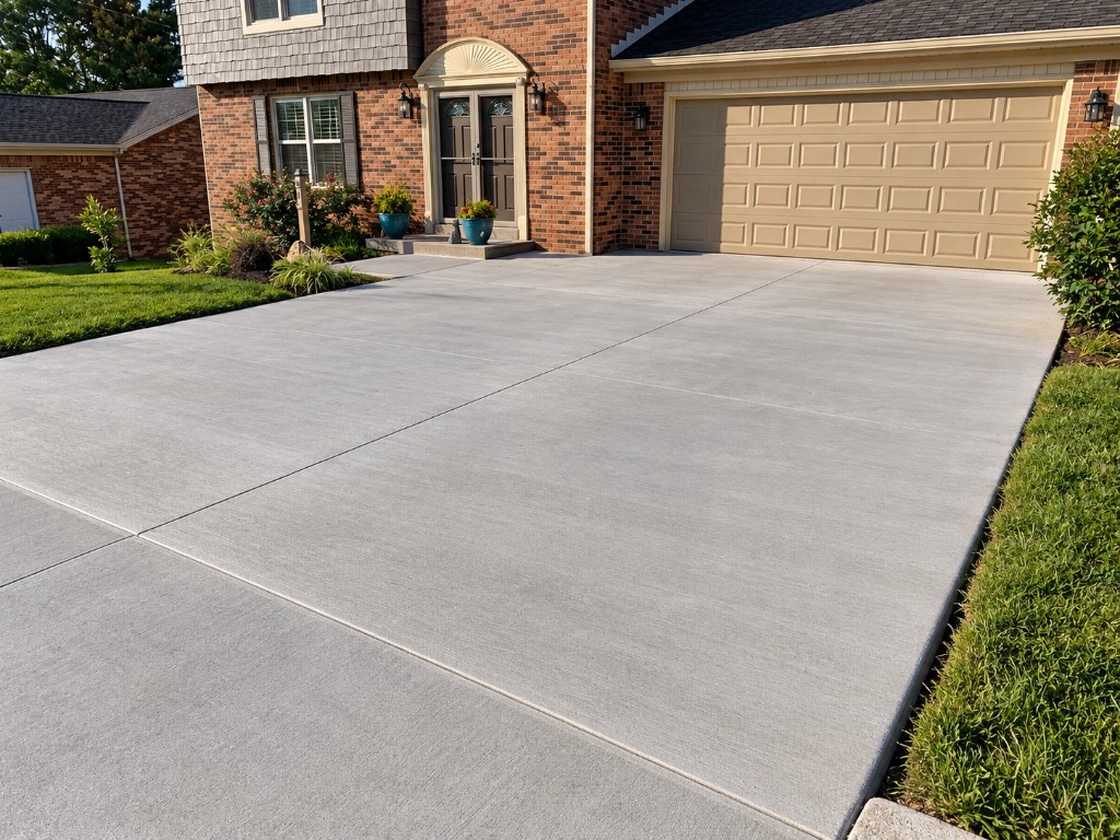 Finished concrete driveway poured to a brick home and garage