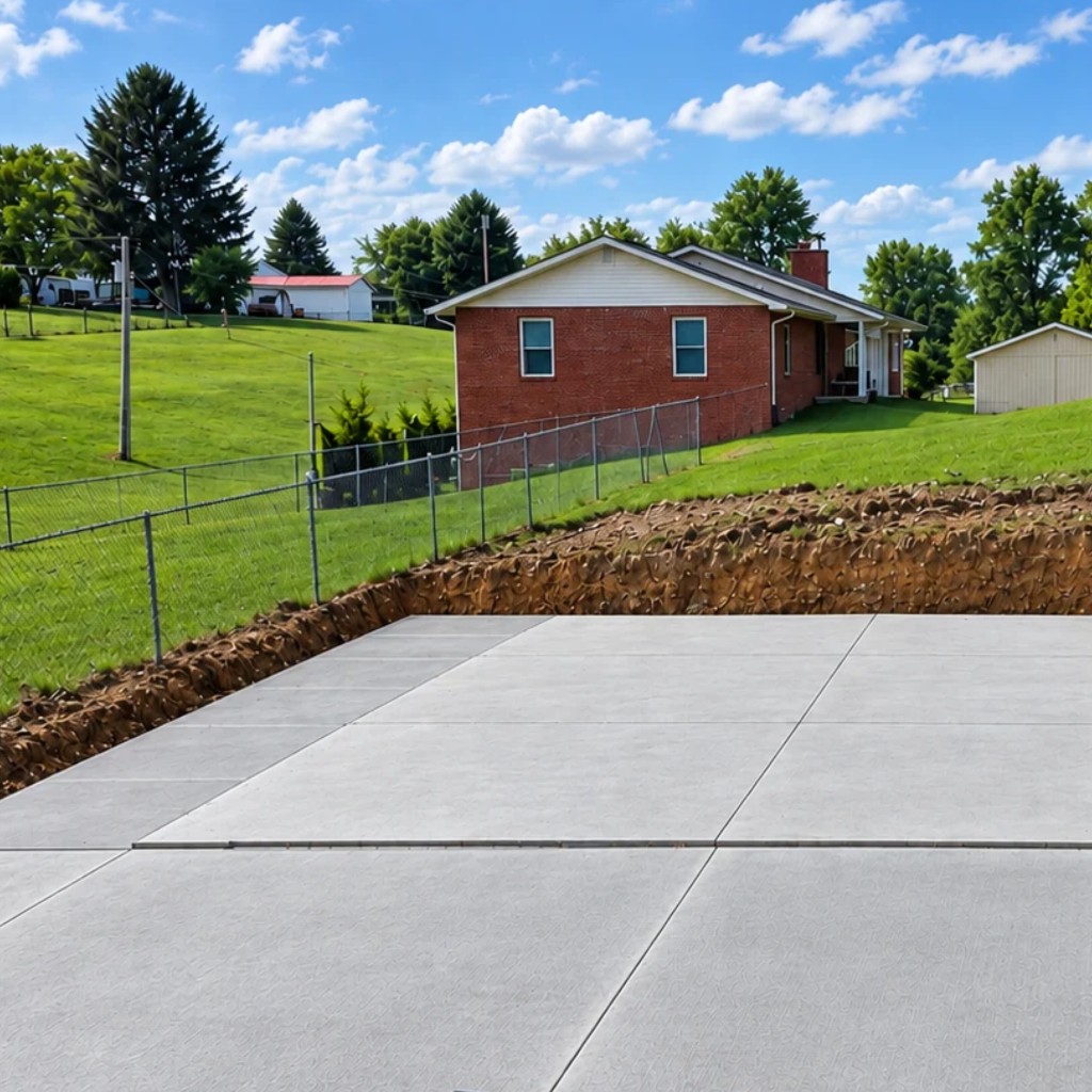 Finished garage and shop slab in front of a brick house
