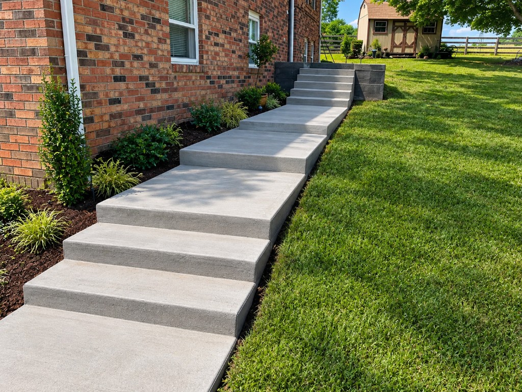 Concrete steps and landings running along a brick house to the yard
